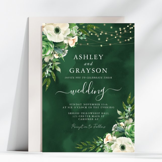 Invitación Elegante Boda floral verde esmeralda y crema (Subido por el creador)