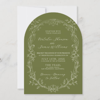 Invitación Elegante Boda Floral Verde Oliva Arqueada con Esti