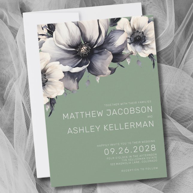 Invitación Elegante Boda floral verde sabio (Elegant Modern Floral Sage Green Wedding Invitation)