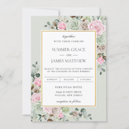 Invitación Elegante Boda floral verde sabio Rubor rosa marrón