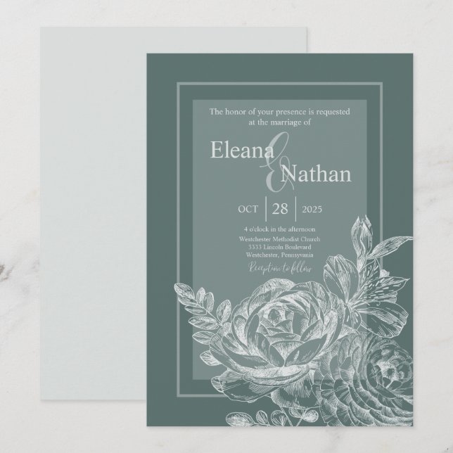 Invitación Elegante Boda floral verde sabio y botánico (Anverso / Reverso)
