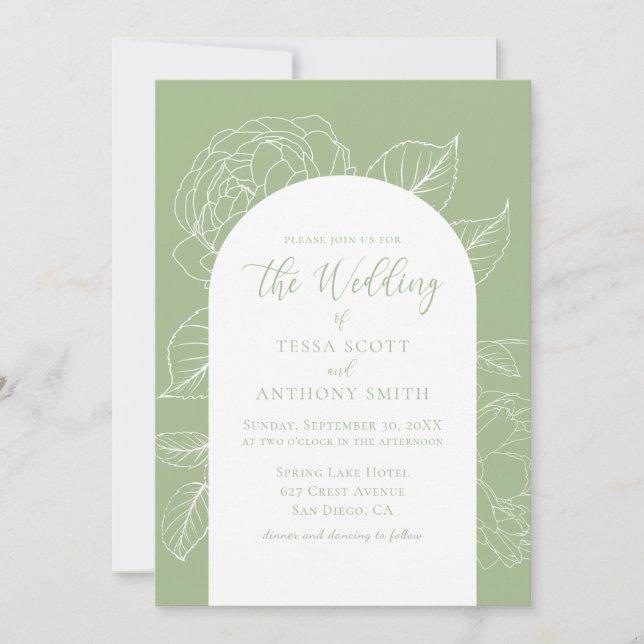 Invitación Elegante Boda Floral Verde Salvia (Anverso)