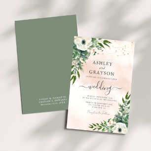 Invitación Elegante Boda Floral Verde Salvia Rosa Claro