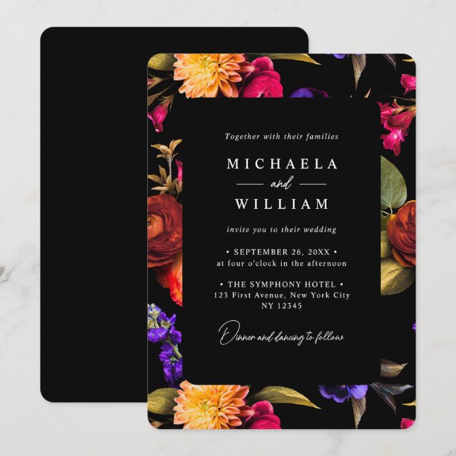 Invitación Elegante Boda floral vibrante (Anverso / Reverso)