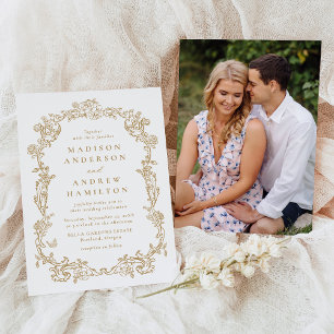 Invitación Elegante Boda Floral Victoriana de Oro Foto