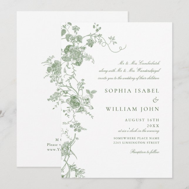 Invitación Elegante Boda floral victoriano Sage Green (Anverso / Reverso)