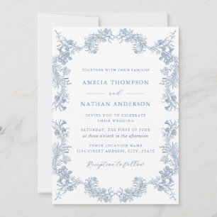 Invitación Elegante boda floral vintage azul polvoriento