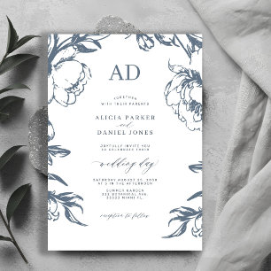 Invitación Elegante boda floral vintage azul polvoriento