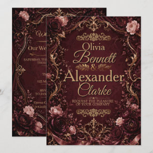 Invitación Elegante Boda Floral Vintage Burgundy Dorado