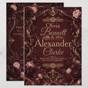 Invitación Elegante Boda Floral Vintage Burgundy Dorado