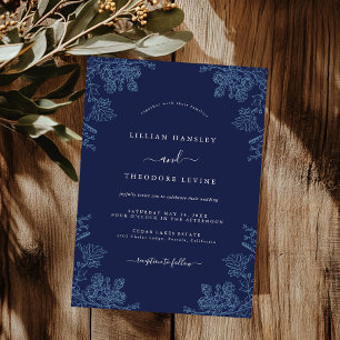 Invitación Elegante boda floral vintage de azul marino