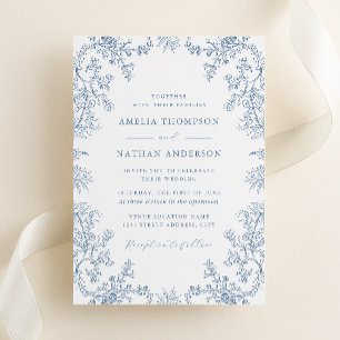 Invitación Elegante boda floral vintage polvoriento azul