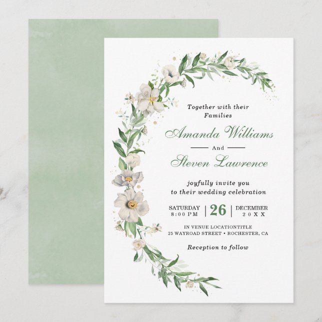 Invitación Elegante boda floral vintage verde blanco (Anverso / Reverso)