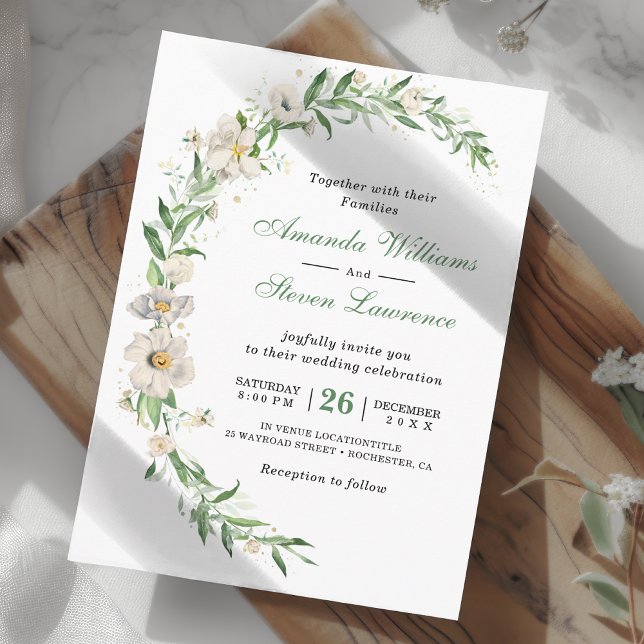 Invitación Elegante boda floral vintage verde blanco (Subido por el creador)