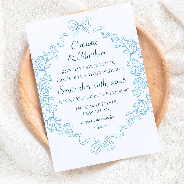 Invitación Elegante Boda Floral y azul Ilustracion Bow (Elegant blue floral wedding invitations with classic charm. Customize your formal wedding invite.)