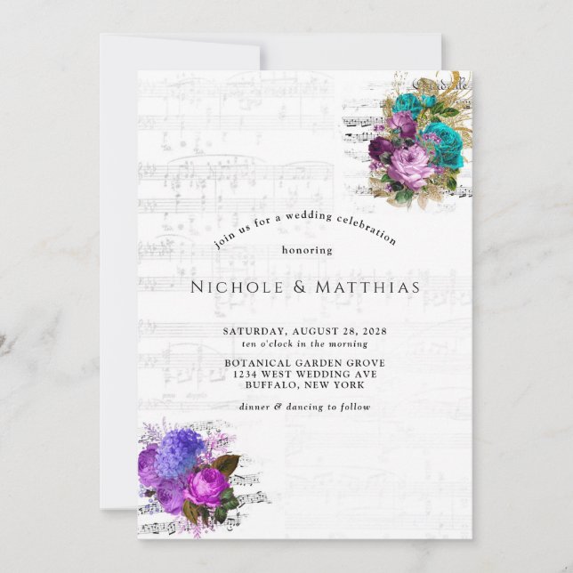 Invitación Elegante Boda floral y música de chapa de época (Anverso)