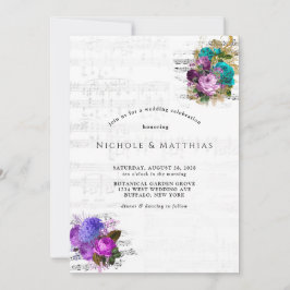 Invitación Elegante Boda floral y música de chapa de época