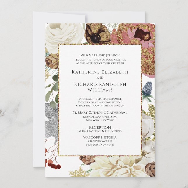 Invitación Elegante Boda Floral y Oro (Anverso)