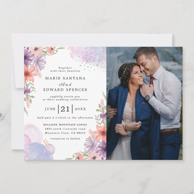 Invitación Elegante boda Floral y Pareja de Fotografía (Anverso)