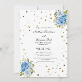 Invitación Elegante Boda Flores azules estrellas de oro