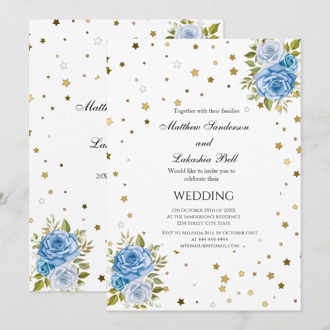 Invitación Elegante Boda Flores azules estrellas de oro (Anverso / Reverso)