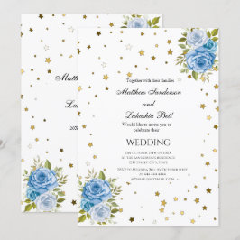 Invitación Elegante Boda Flores azules estrellas de oro
