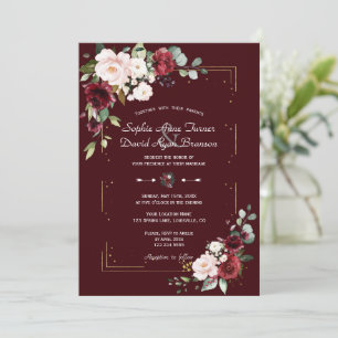 Invitación Elegante Boda Flores Carmesí Profundo Rubor Oro