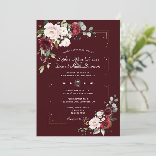 Invitación Elegante Boda Flores Carmesí Profundo Rubor Oro (Anverso de pie)