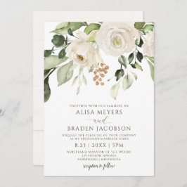 Invitación Elegante Boda Foliage Greenery Gold Floral Blanca