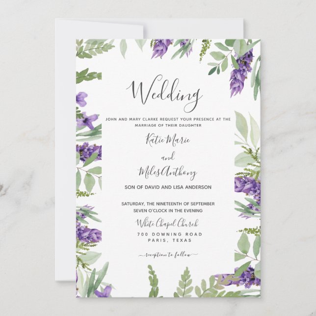 Invitación Elegante Boda Foliage & Lavender (Anverso)