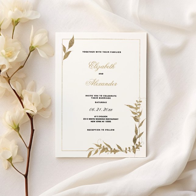Invitación Elegante Boda follaje blanco y dorado (Elegant white and gold foliage Wedding )