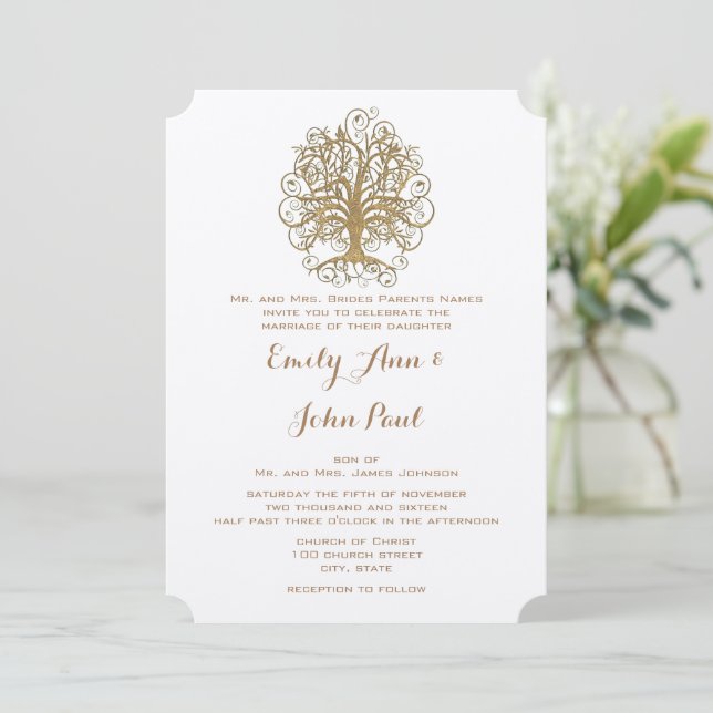 Invitación Elegante Boda Forestal De Árbol De Giro Oro (Anverso de pie)