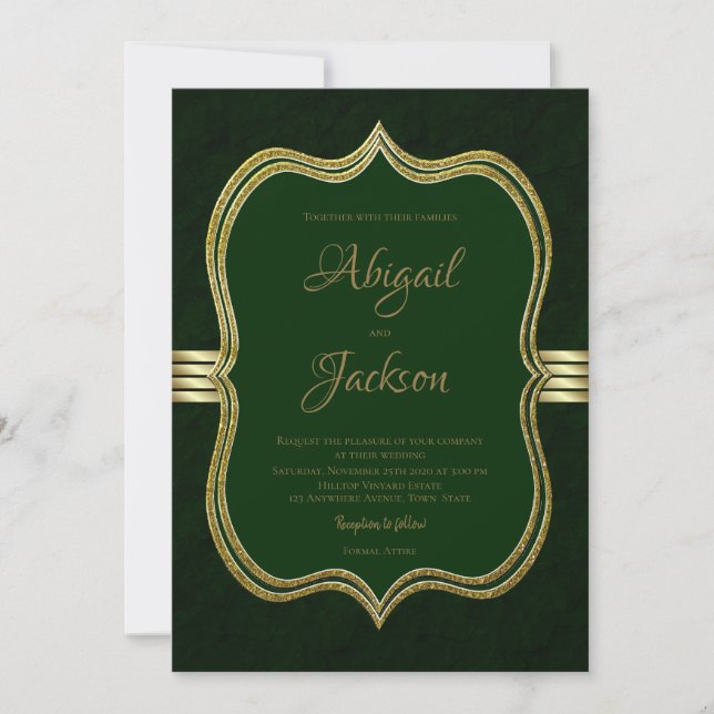 Invitación Elegante Boda Forestal Verde y Oro (Anverso)