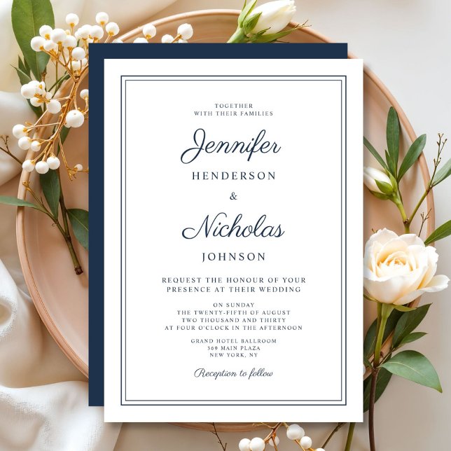 Invitación Elegante Boda Formal Azul Marino  (Elegant Formal Navy Blue Wedding Invitation)