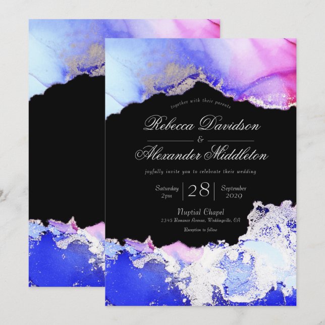 Invitación Elegante Boda formal azul morado negro plateado (Anverso / Reverso)