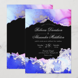 Invitación Elegante Boda formal azul morado negro plateado