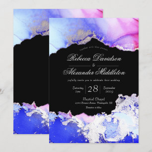 Invitación Elegante Boda formal azul morado negro plateado