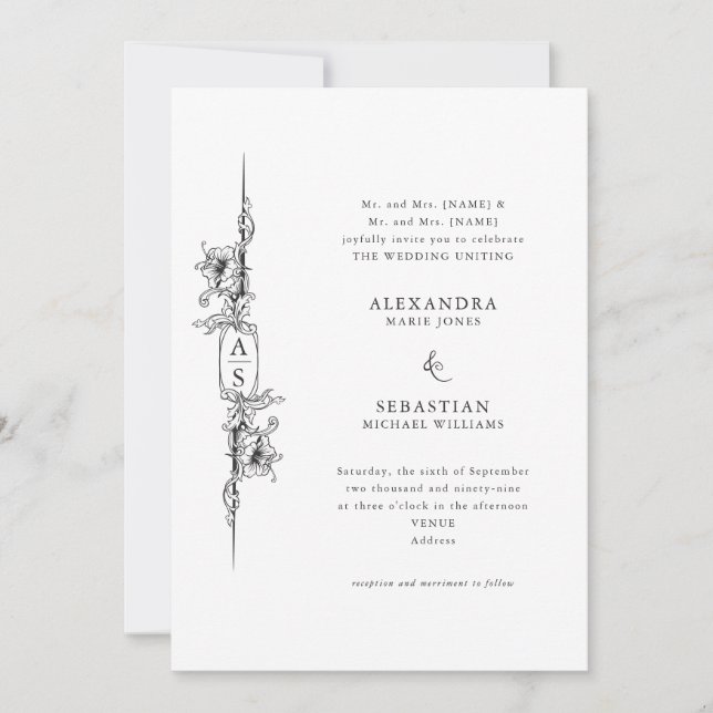 Invitación Elegante Boda formal barroco blanco floral blanco  (Anverso)
