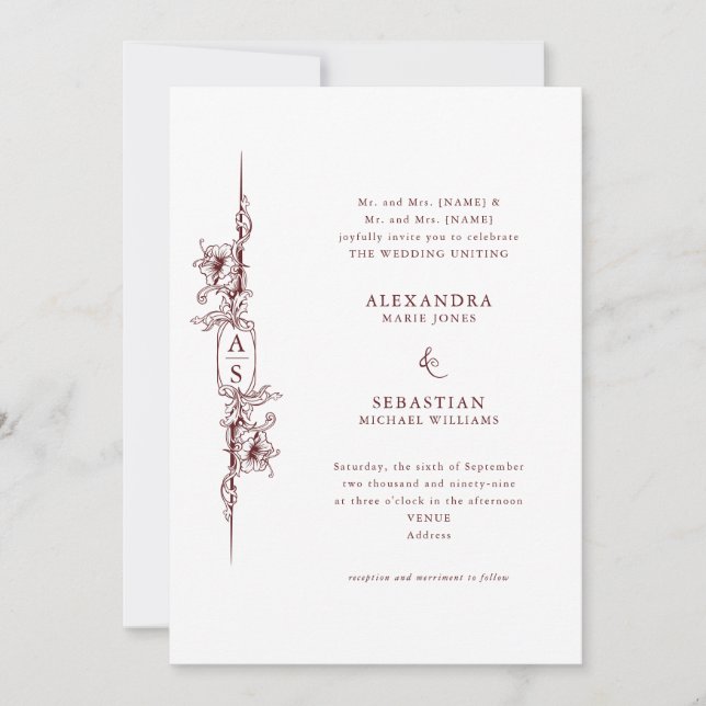 Invitación Elegante Boda formal barroco rojo borgoña floral (Anverso)
