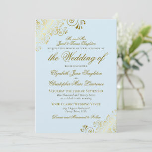 Invitación Elegante Boda Formal Clásica Azul Polvo y Dorado