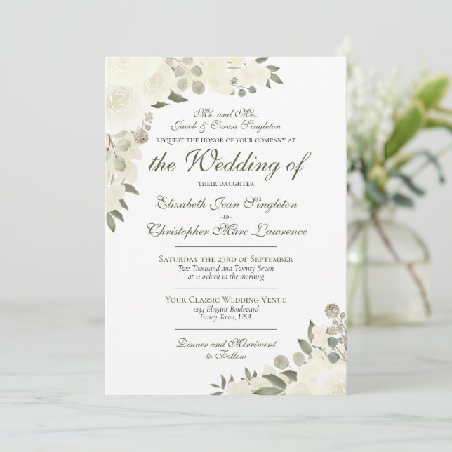 Invitación Elegante Boda formal con flores de Boho blanco mar (Anverso de pie)