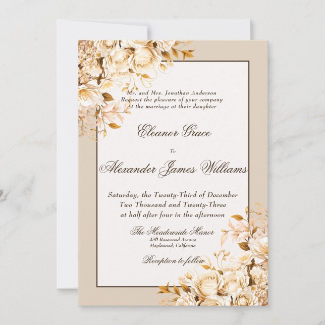Invitación Elegante Boda formal con flores de marfil y oro (Anverso)