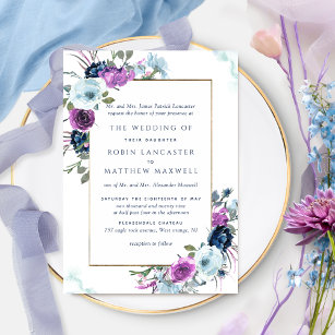 Invitación Elegante Boda formal con flores moradas y azules
