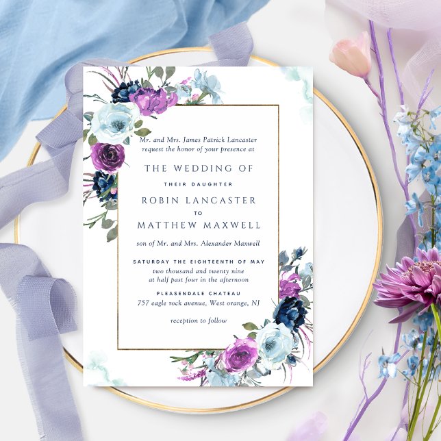 Invitación Elegante Boda formal con flores moradas y azules (Subido por el creador)