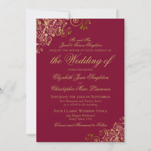 Invitación Elegante boda formal de burgundy y oro