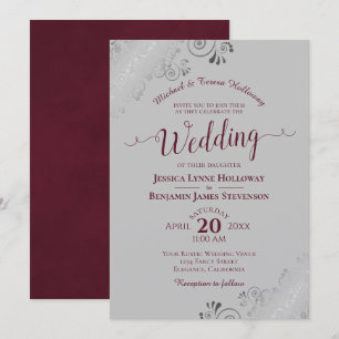 Invitación Elegante Boda formal de color plateado Borgoña y g