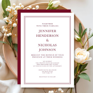 Invitación Elegante Boda Formal de Color Rojo Burdeos