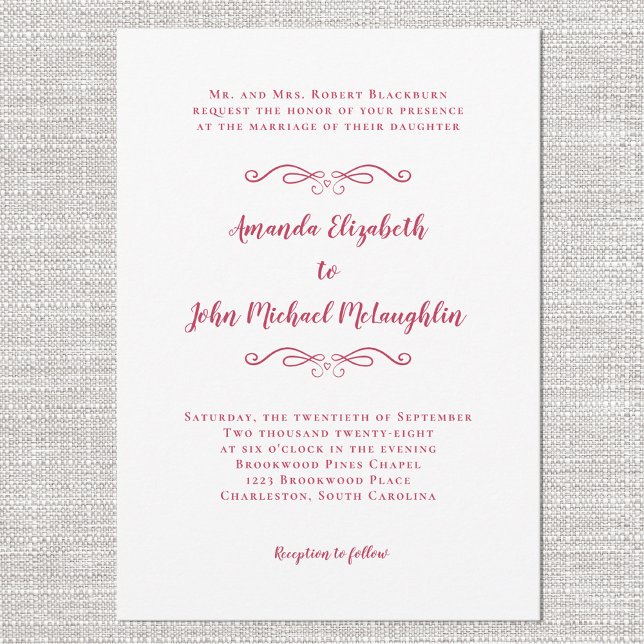 Invitación Elegante Boda formal de escritura roja magenta clá (Elegant Magenta Red Script Classic Formal Wedding Invitation)