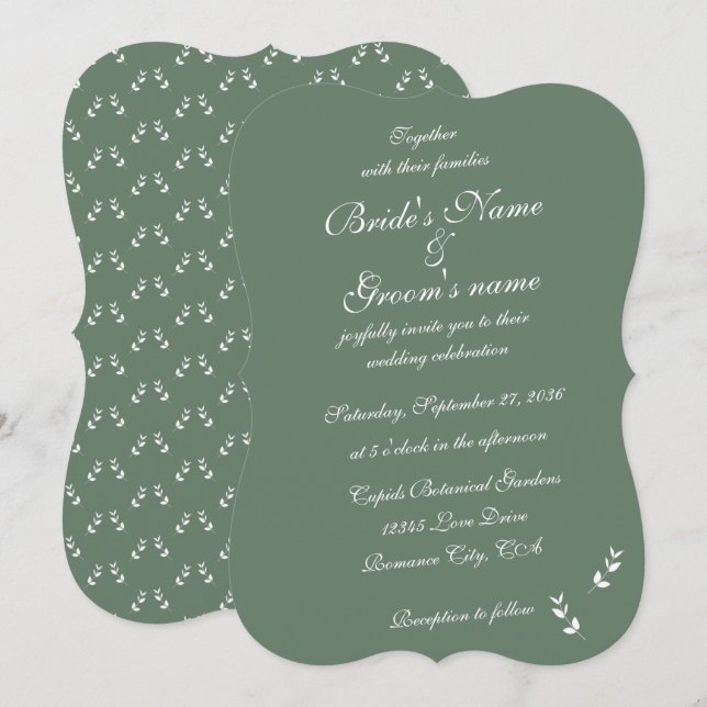 Invitación Elegante Boda formal de escritura verde salada (Anverso / Reverso)