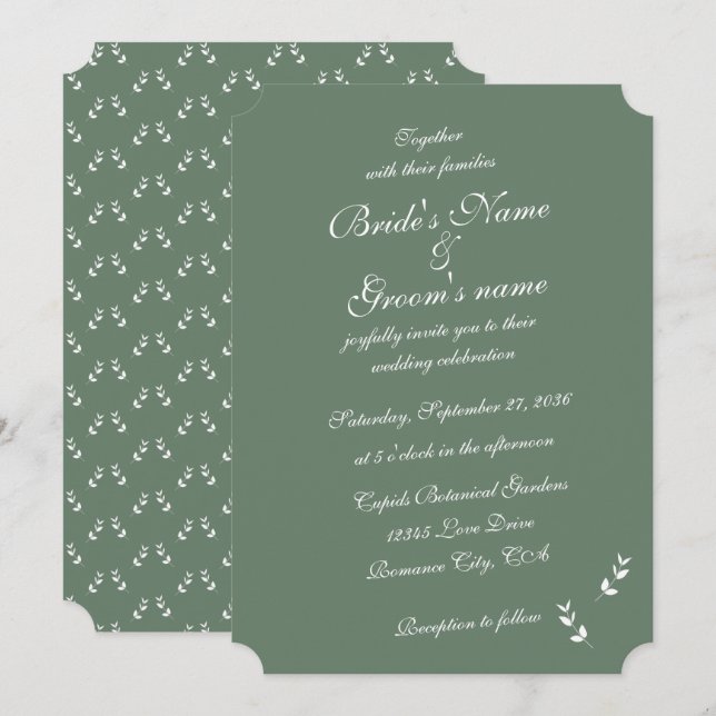 Invitación Elegante Boda formal de escritura verde salada (Anverso / Reverso)